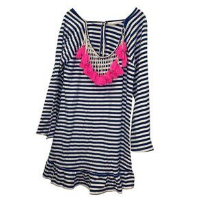 Philosophy Dress blue white French breton nautical stripe hot pink tassels XL
